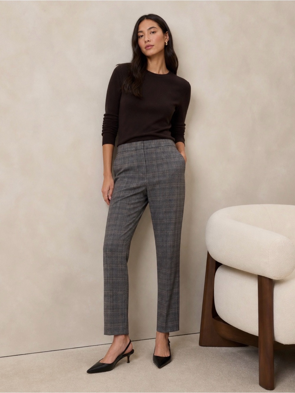 Babaton aritzia Gray Plaid Straight-Leg Trousers